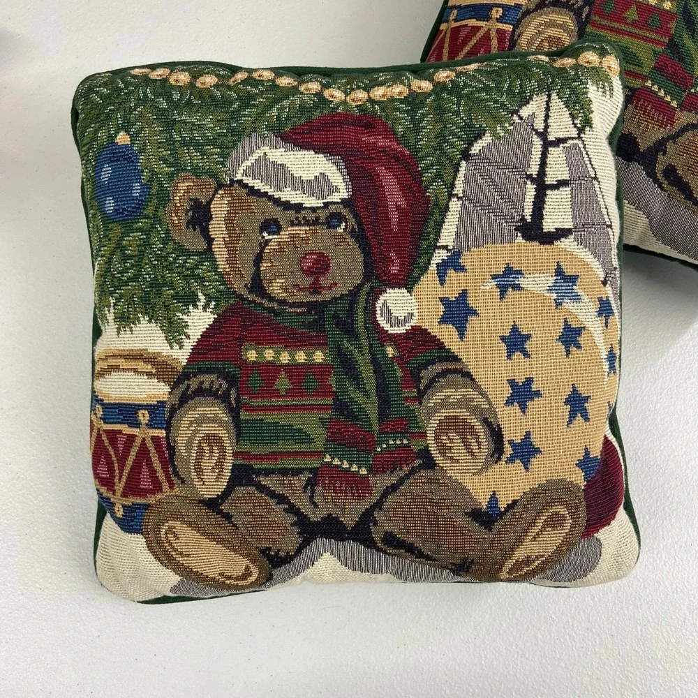 Vintage teddy‎ bear Santa Christmas green tapestry accent pillows home decor set